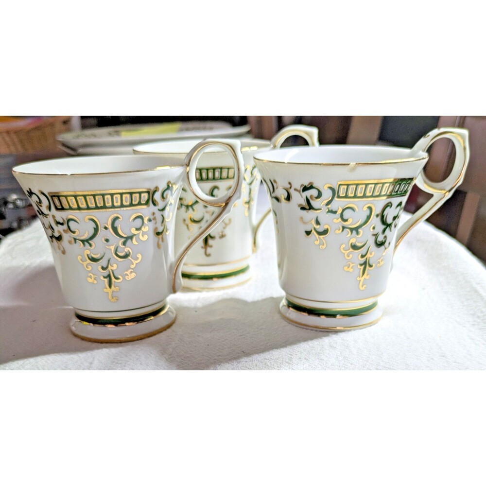 Set of 3 Vintage Renaissance Teacups - Green & Gold